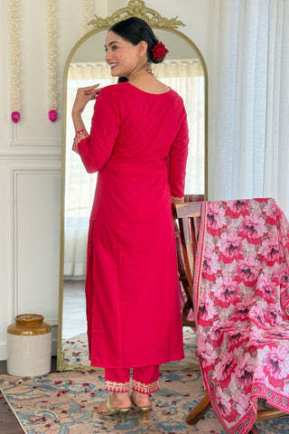 Pink Viscose Slub Embroidery Kurta Set_Kumari Sarees