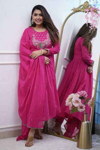 Pink Soft Chanderi Cotton With Embroidered Kurta Set_Kumari Sarees