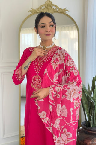 Pink Viscose Reyon Chinon Embroidery Kurta Set_Kumari Sarees
