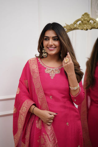 Pink Viscose Chanderi Jacquard Embroidery Kurta Set