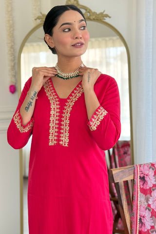 Pink Viscose Slub Embroidery Kurta Set_Kumari Sarees