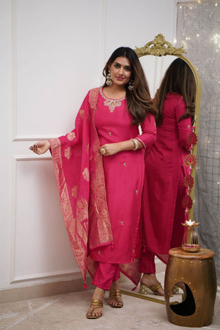 Pink Viscose Chanderi Jacquard Embroidery Kurta Set