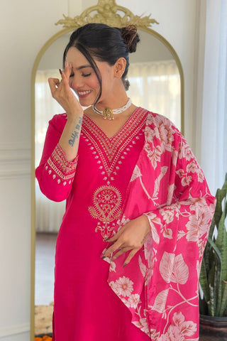 Pink Viscose Reyon Chinon Embroidery Kurta Set_Kumari Sarees