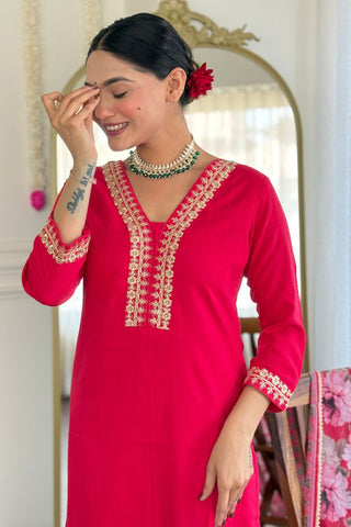 Pink Viscose Slub Embroidery Kurta Set_Kumari Sarees