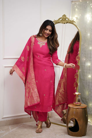 Pink Viscose Chanderi Jacquard Embroidery Kurta Set