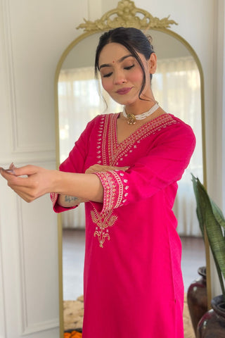 Pink Viscose Reyon Chinon Embroidery Kurta Set_Kumari Sarees