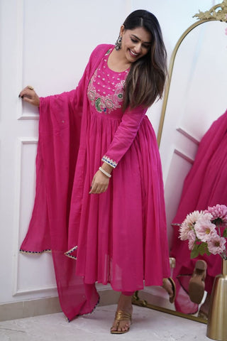 Pink Soft Chanderi Cotton With Embroidered Kurta Set_Kumari Sarees