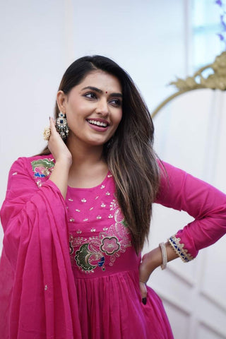 Pink Soft Chanderi Cotton With Embroidered Kurta Set_Kumari Sarees