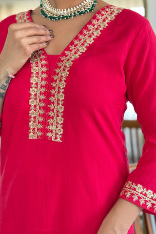 Pink Viscose Slub Embroidery Kurta Set_Kumari Sarees