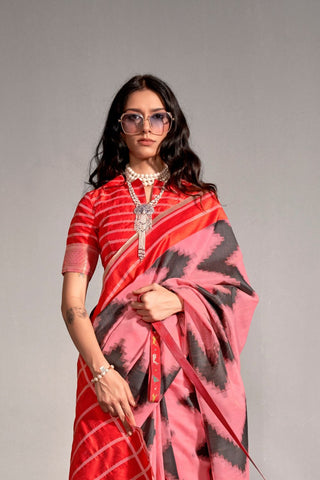 Pink Printed Ajrakh Handwoven Silk Saree