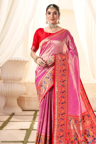 Pink Pure Paithani Tissue Silk With Zari Border Saree