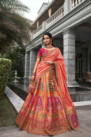 Pink & Orange Banarasi Silk Lehenga with Zarkan Codding Work