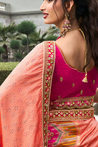 Pink & Orange Banarasi Silk Lehenga with Zarkan Codding Work