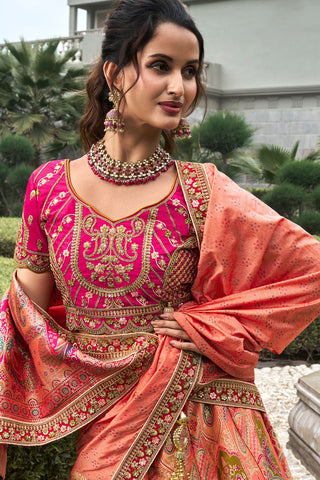 Pink & Orange Banarasi Silk Lehenga with Zarkan Codding Work