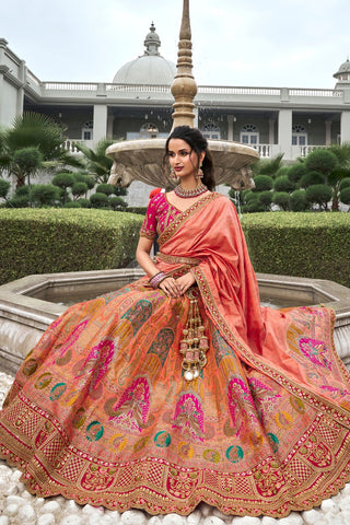 Pink & Orange Banarasi Silk Lehenga with Zarkan Codding Work