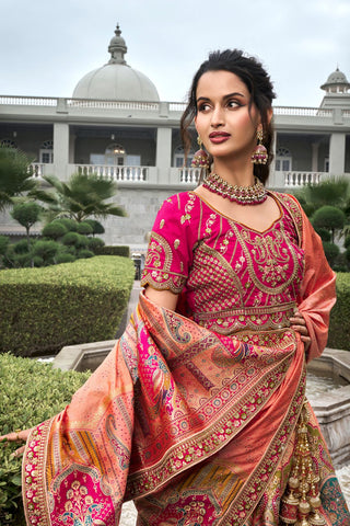 Pink & Orange Banarasi Silk Lehenga with Zarkan Codding Work