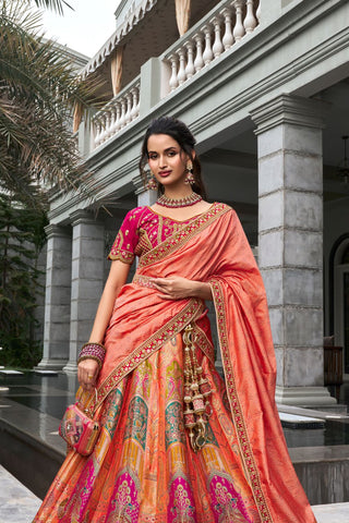 Pink & Orange Banarasi Silk Lehenga with Zarkan Codding Work