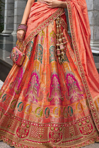 Pink & Orange Banarasi Silk Lehenga with Zarkan Codding Work