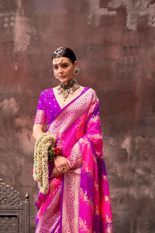 Pink & Purple Handloom Weaving Silk Saree