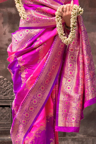 Pink & Purple Handloom Weaving Silk Saree