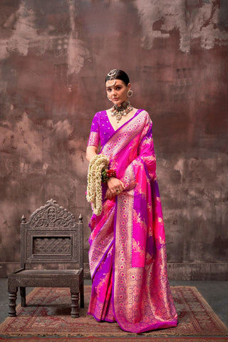 Pink & Purple Handloom Weaving Silk Saree