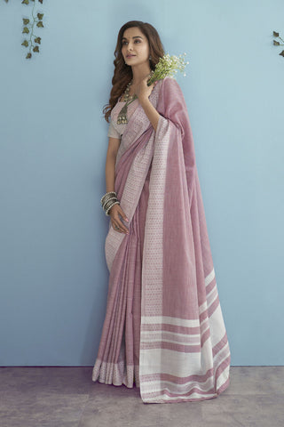 Pink Soft Linen silk with Chikhankhari Weaved Border