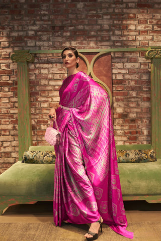 PINK & WHITE PRINTED JAPAN SATIN CREPE SAREE