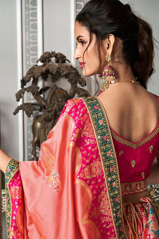 Pink & Yellow Banarasi Silk Lehenga with Zarkan Codding Work