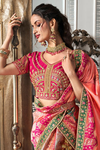 Pink & Yellow Banarasi Silk Lehenga with Zarkan Codding Work