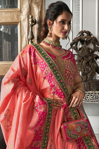 Pink & Yellow Banarasi Silk Lehenga with Zarkan Codding Work