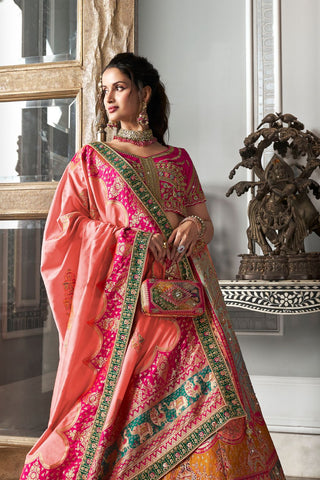 Pink & Yellow Banarasi Silk Lehenga with Zarkan Codding Work