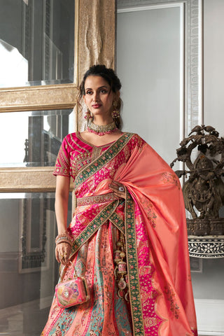 Pink & Yellow Banarasi Silk Lehenga with Zarkan Codding Work