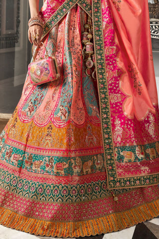 Pink & Yellow Banarasi Silk Lehenga with Zarkan Codding Work