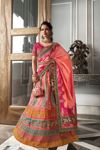 Pink & Yellow Banarasi Silk Lehenga with Zarkan Codding Work