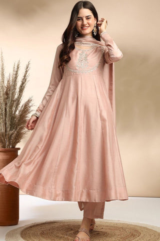 Pink Plain Silk Embroidery Kurta Set_Kumari Sarees