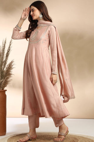 Pink Plain Silk Embroidery Kurta Set_Kumari Sarees