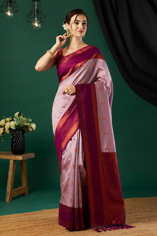 Pink and Gold-Toned Banarasi Silk Saree_Kumari Sarees