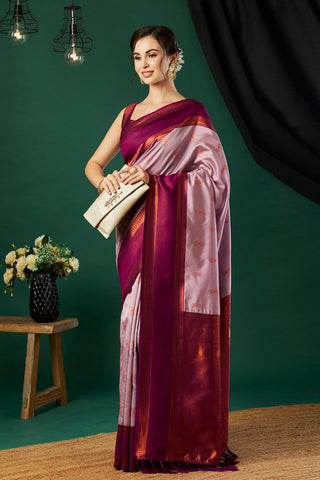 Pink and Gold-Toned Banarasi Silk Saree_Kumari Sarees