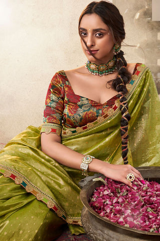 Pista Green Pure Tissue With Beaufort Multicolored Lace Saree_Kumari Srees