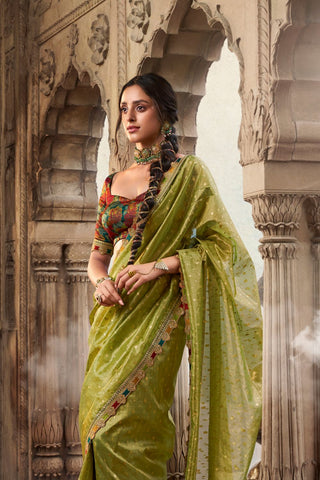 Pista Green Pure Tissue With Beaufort Multicolored Lace Saree_Kumari Srees