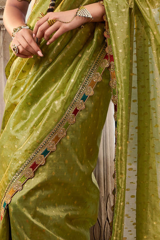 Pista Green Pure Tissue With Beaufort Multicolored Lace Saree_Kumari Srees