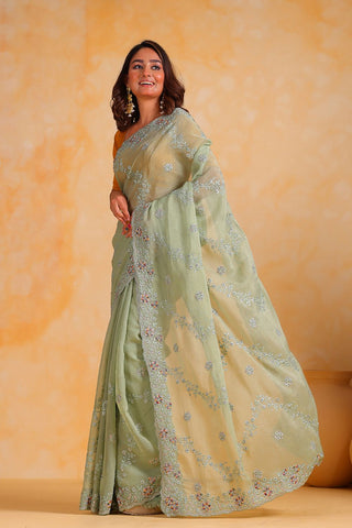 PISTA PURE SILK EMBROIDERED SAREE