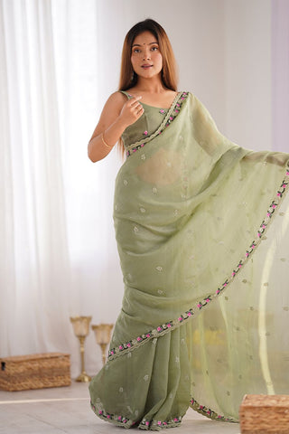 Pista Sequins Silk Embroidery Thread Work Saree_Kumari Sarees