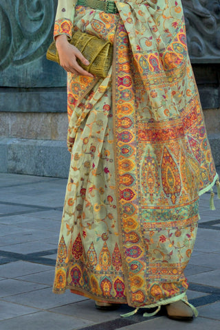 Pista Organza Kashmiri Handloom Weaving Saree