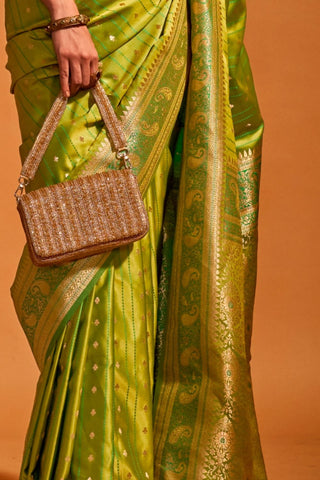 PISTA GREEN SATIN HANDLOOM WOVEN SAREE