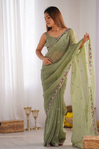 Pista Sequins Silk Embroidery Thread Work Saree_Kumari Sarees
