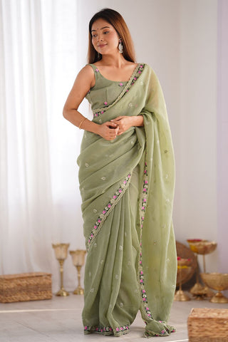 Pista Sequins Silk Embroidery Thread Work Saree_Kumari Sarees