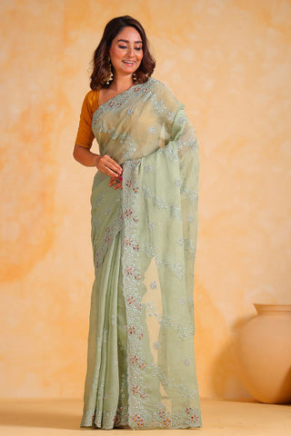 PISTA PURE SILK EMBROIDERED SAREE