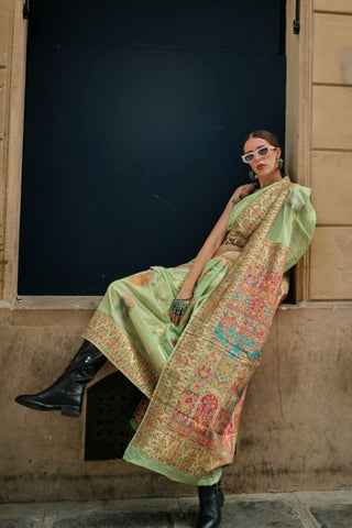 Pista Kashmiri Modal Handloom Weaving Saree