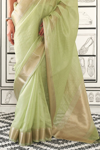 Pista Moss Chiffon Handloom Weaving Saree